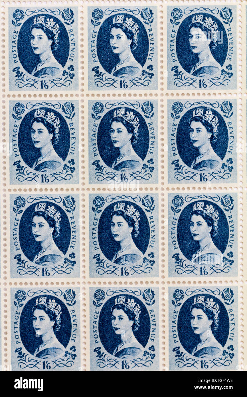 Blatt 1950 der Britischen Royal Mail1s6d blau Briefmarken aus dem Wildings endgültige Ausgabe mit Portrait von Königin Elizabeth II. Stockfoto