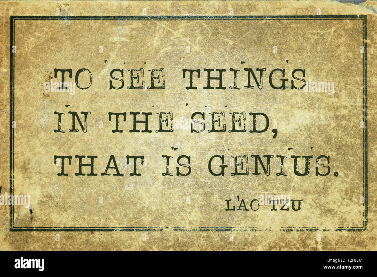 Dinge in das Saatgut, das heißt sehen Genie-antike chinesischer Philosoph Laotse Zitat auf Grunge Vintage Karton gedruckt Stockfoto