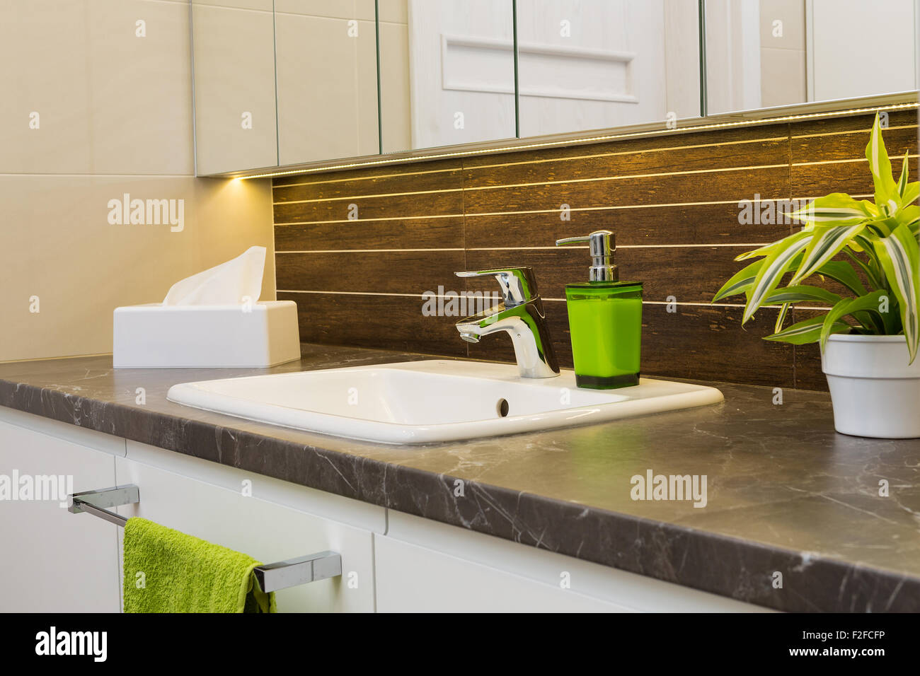 Nahaufnahme von einem Waschbecken in einem modernen Badezimmer Interieur. Stockfoto