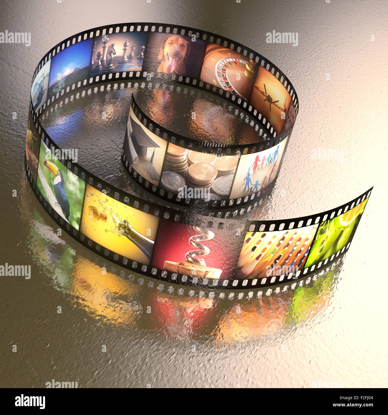 Fotografischer Film mit mehreren Fotos auf einer unebenen Tisch Metall. Clipping-Pfad enthalten. Stockfoto