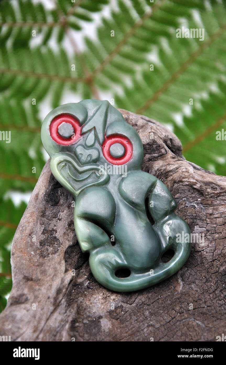 Jade Schnitzereien der Maori Tiki, West Coast, Südinsel, Neuseeland Stockfoto