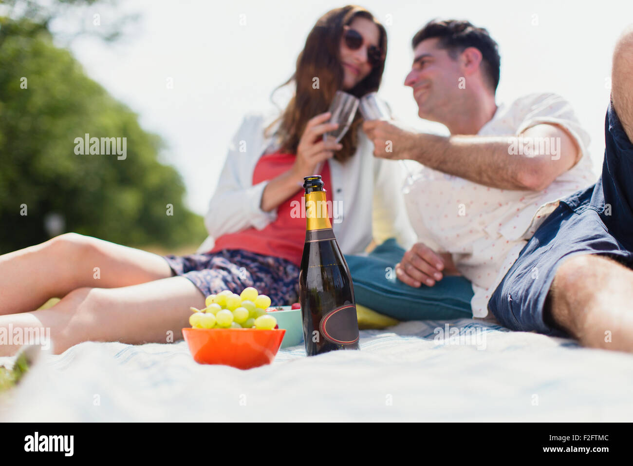 Paar, toasten, Champagner-Gläser auf der Picknickdecke Stockfoto