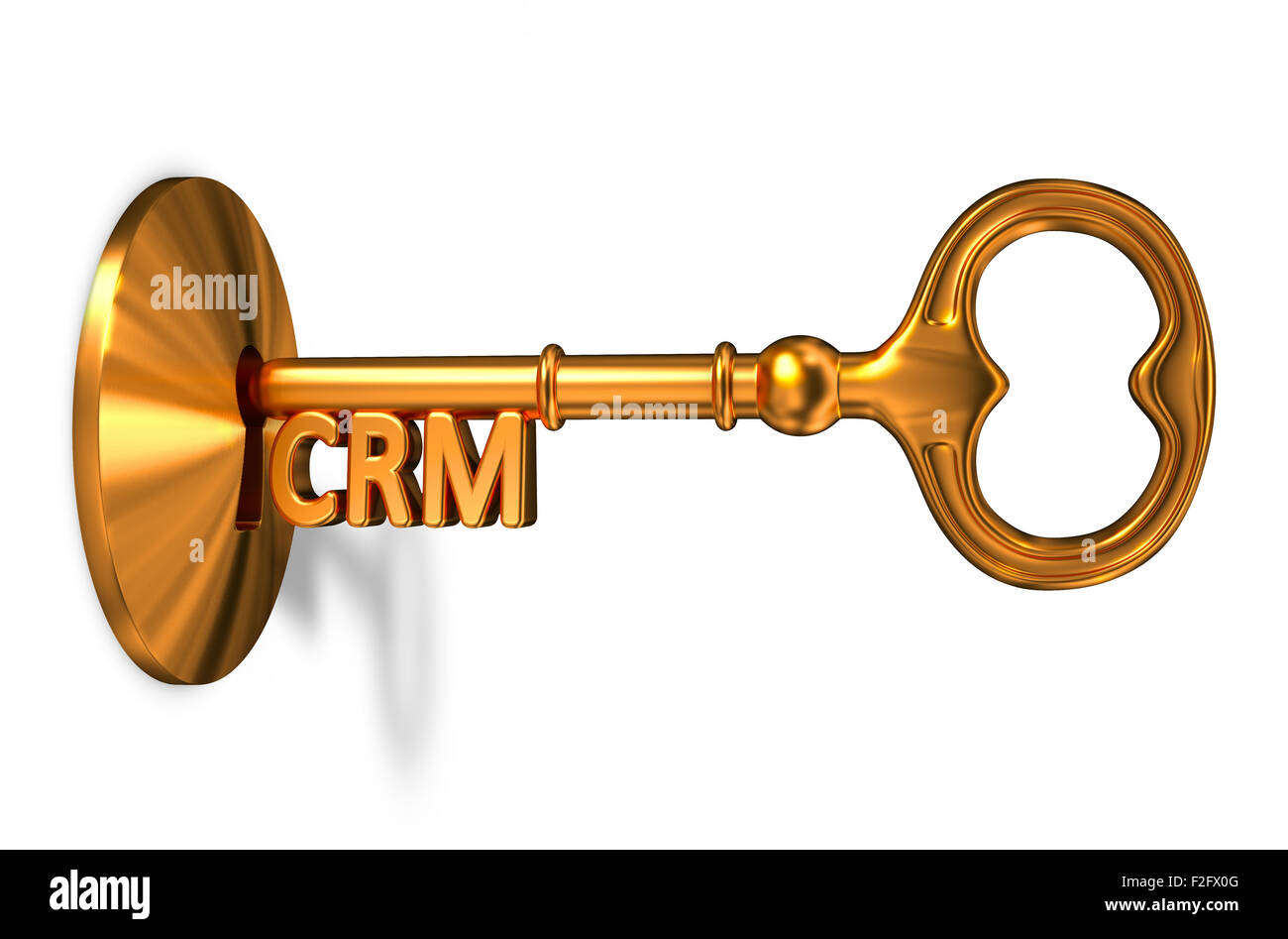 CRM - Customer Relationship Management - goldener Schlüssel wird in das Schlüsselloch isoliert auf weißem Hintergrund eingefügt. Stockfoto
