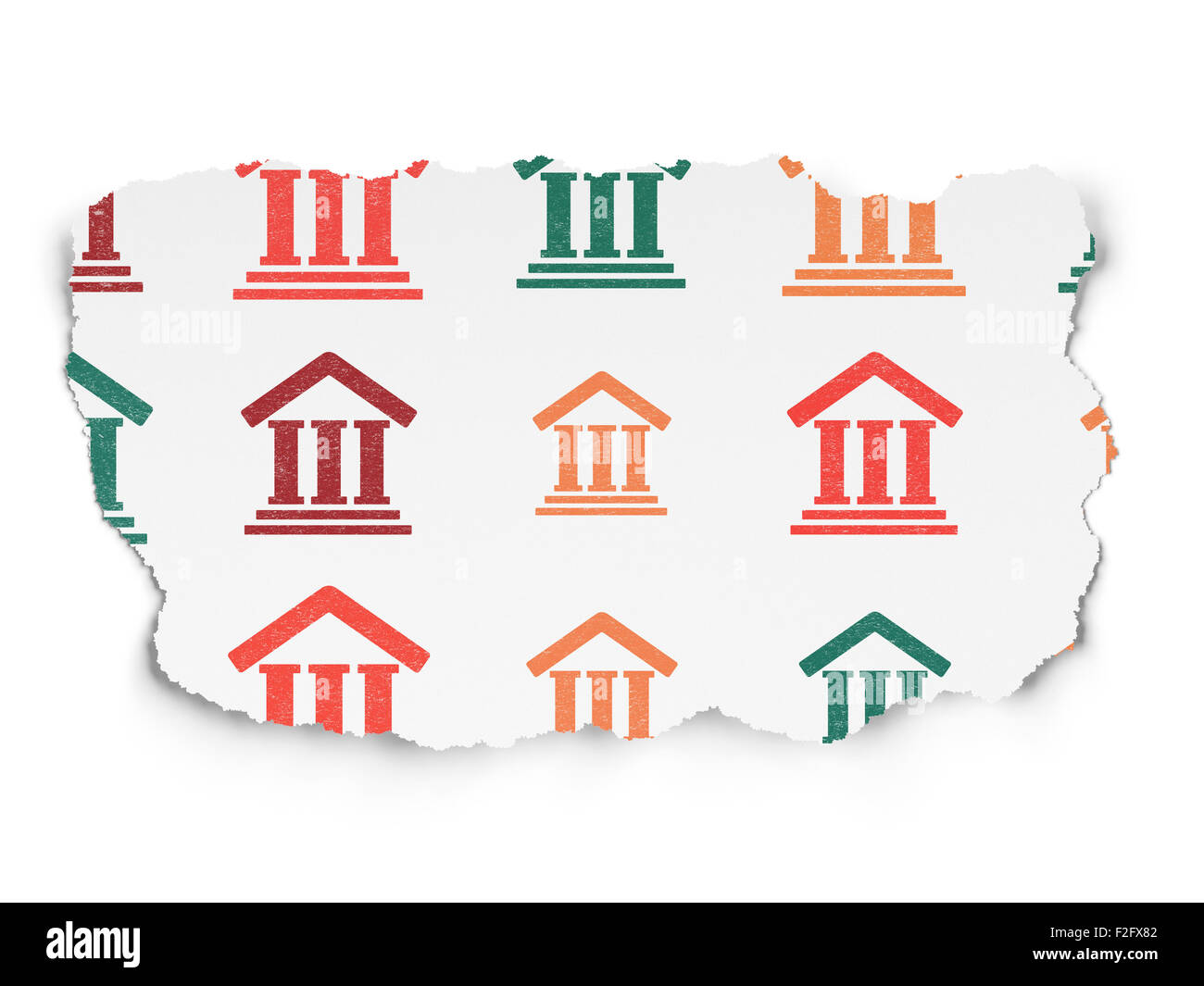 Begriff: Gerichtsgebäude Symbole auf Papier zerrissen Hintergrund Stockfoto