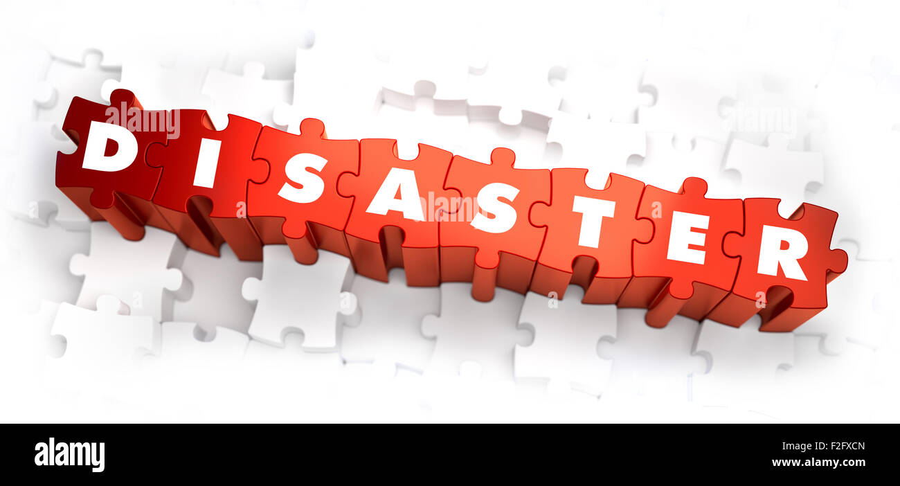 Katastrophe - Rätsel weiß Wort auf rot auf weißem Hintergrund. 3D Illustration. Stockfoto