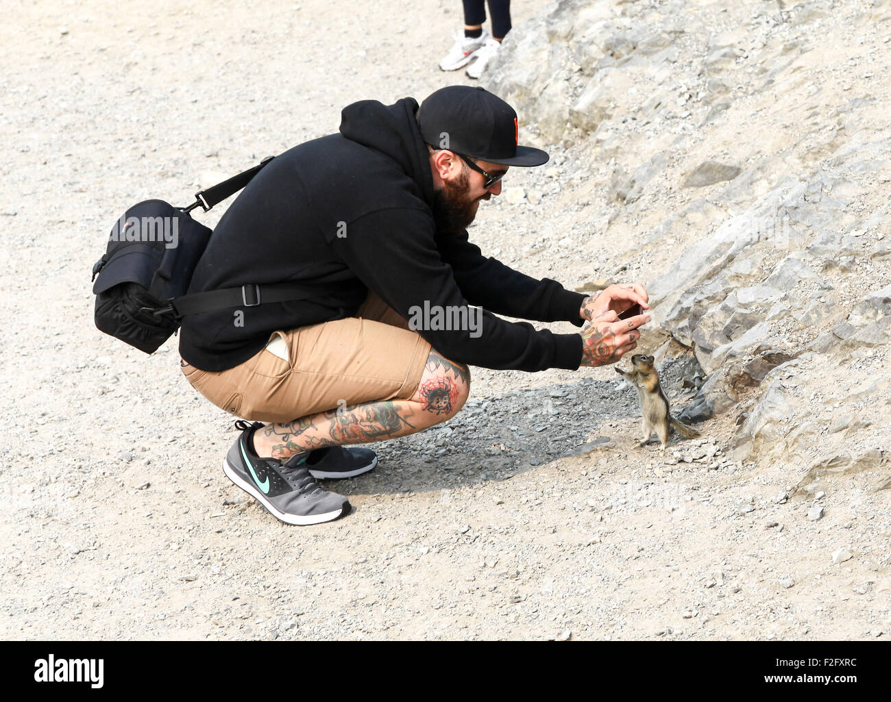 Ein Mann männlich Tourist ein Foto eines Streifenhörnchen oder Erdhörnchen mit seinem Handy Stockfoto