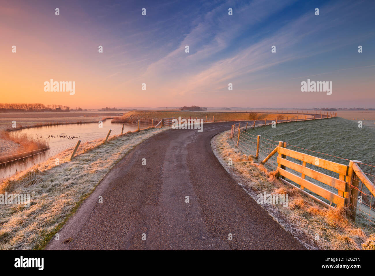 Typische holländische Landschaft an einem frostigen Morgen bei Sonnenaufgang. Dies ist Teil der westfriesischen kreisförmigen Deich, ein Deich System, b Stockfoto