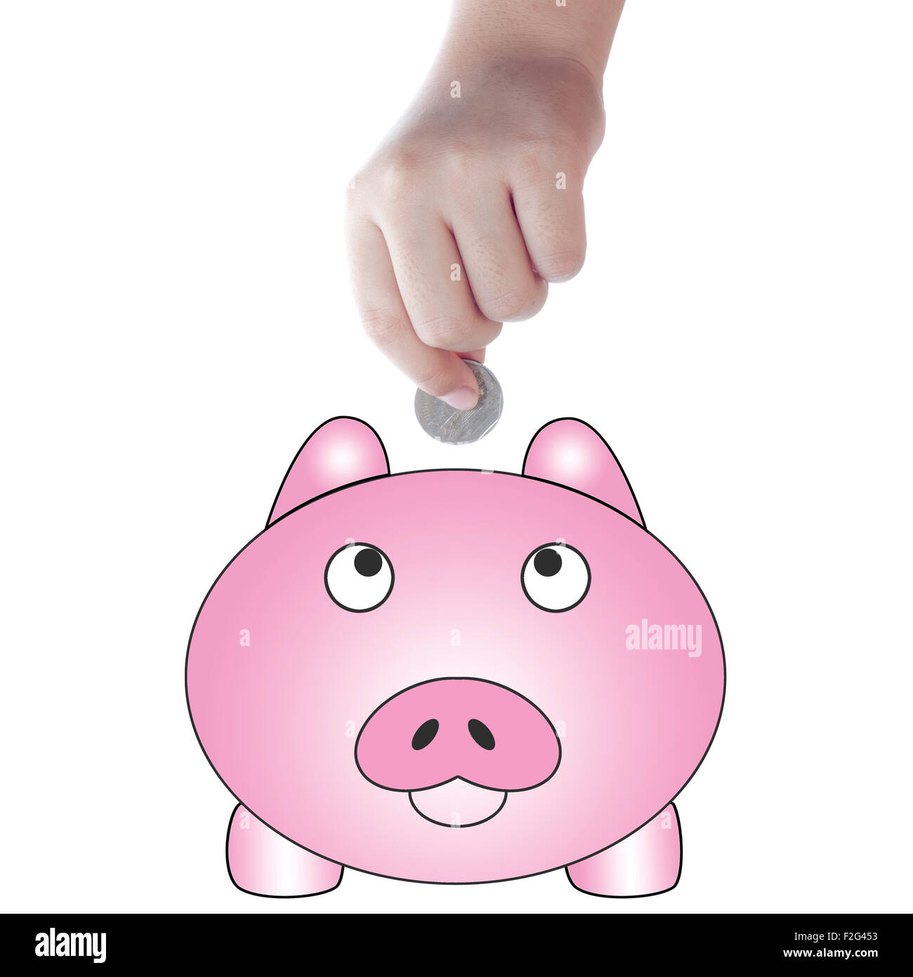 Abbildung Schwein mit Foto Hand Tropfen Münze in zu speichern. Stockfoto