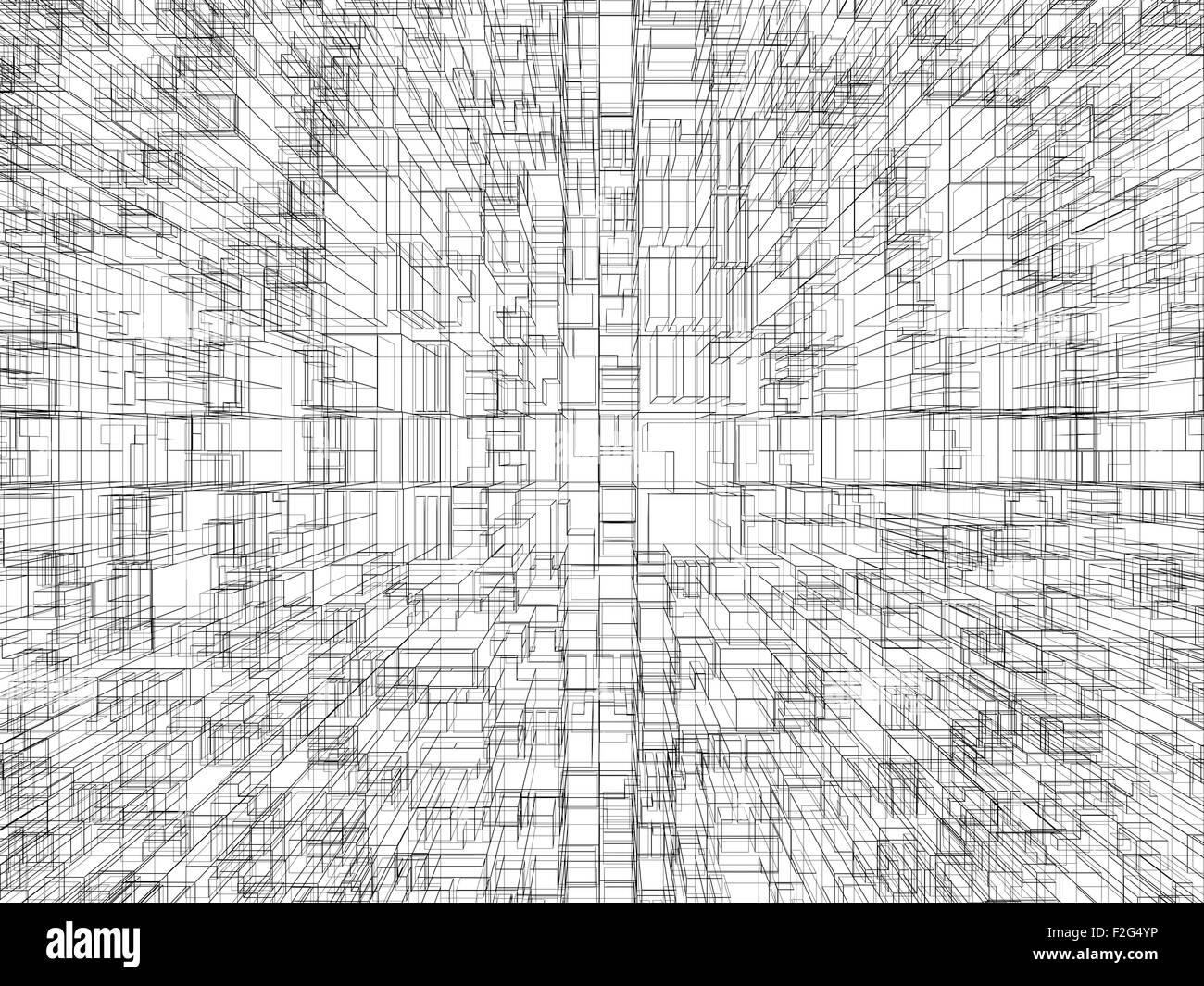 Digitalen Hintergrund mit chaotischen kubische 3D-Struktur, Drahtrahmen Linien auf weißem Hintergrund Stockfoto