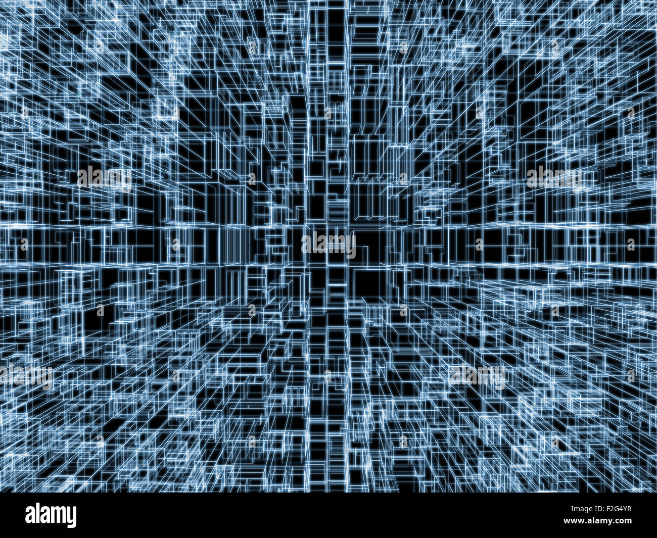 Digitalen Hintergrund mit kubischen 3D-Struktur, leuchtende blaue Kabel Rahmenlinien auf schwarzem Hintergrund Stockfoto