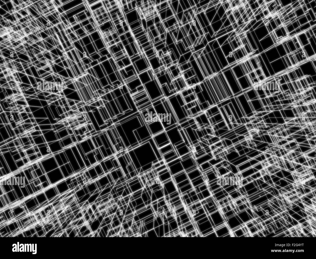 Digitalen Hintergrund mit kubischen 3D-Struktur, leuchtenden weißen Draht-Rahmenlinien über schwarz Stockfoto