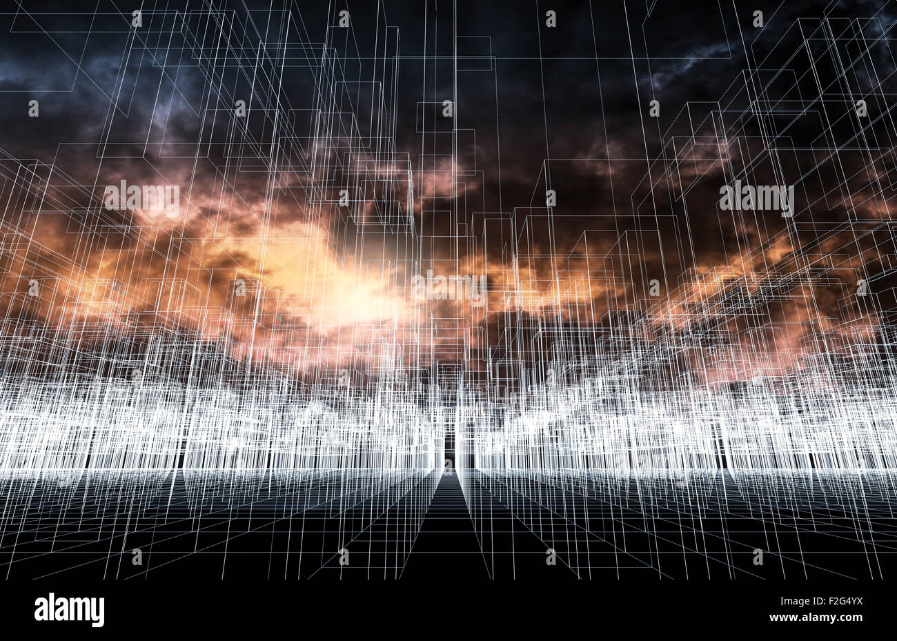 Digitale 3d Landschaft Hintergrund mit chaotischen kubische Struktur, weiße Drahtrahmen Linien über dunklen Gewitterhimmel Stockfoto