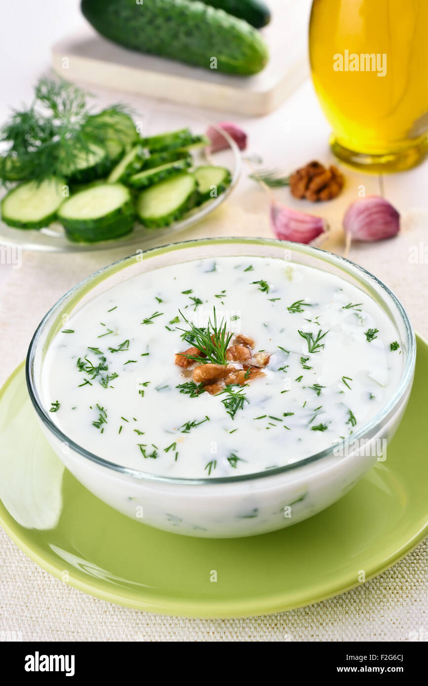 Sommer kalte Suppe mit Gurken, Dill und Walnuss Stockfoto