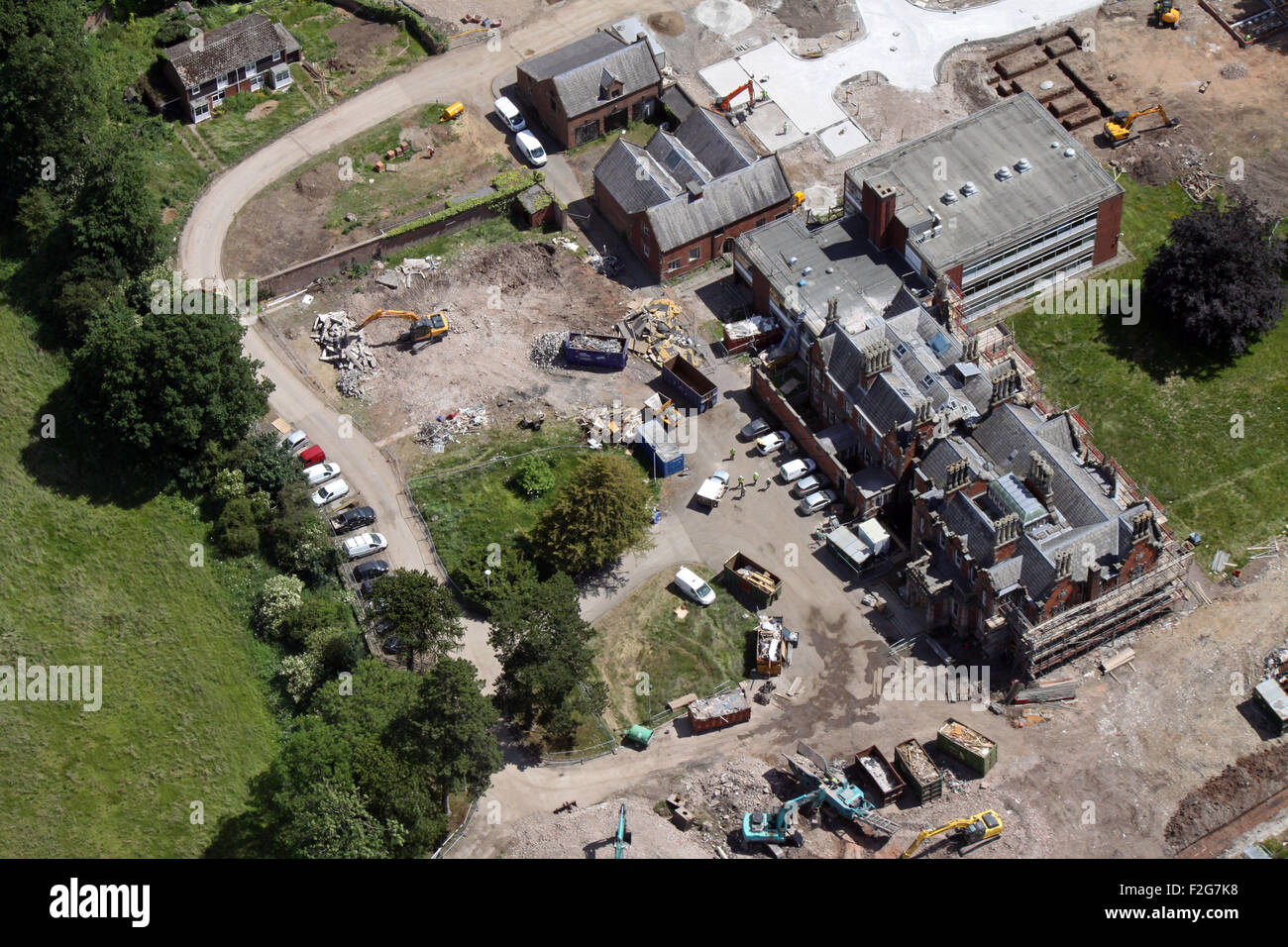 Luftaufnahme von einem großen Haus Renovierung Baustelle im nördlichen England, UK Stockfoto