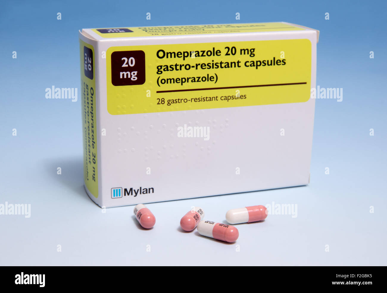 Schachtel mit 20 MG Omeprazol, helfen bei der Behandlung von Magen Geschwüre-magensaftresistente Tabletten Stockfoto