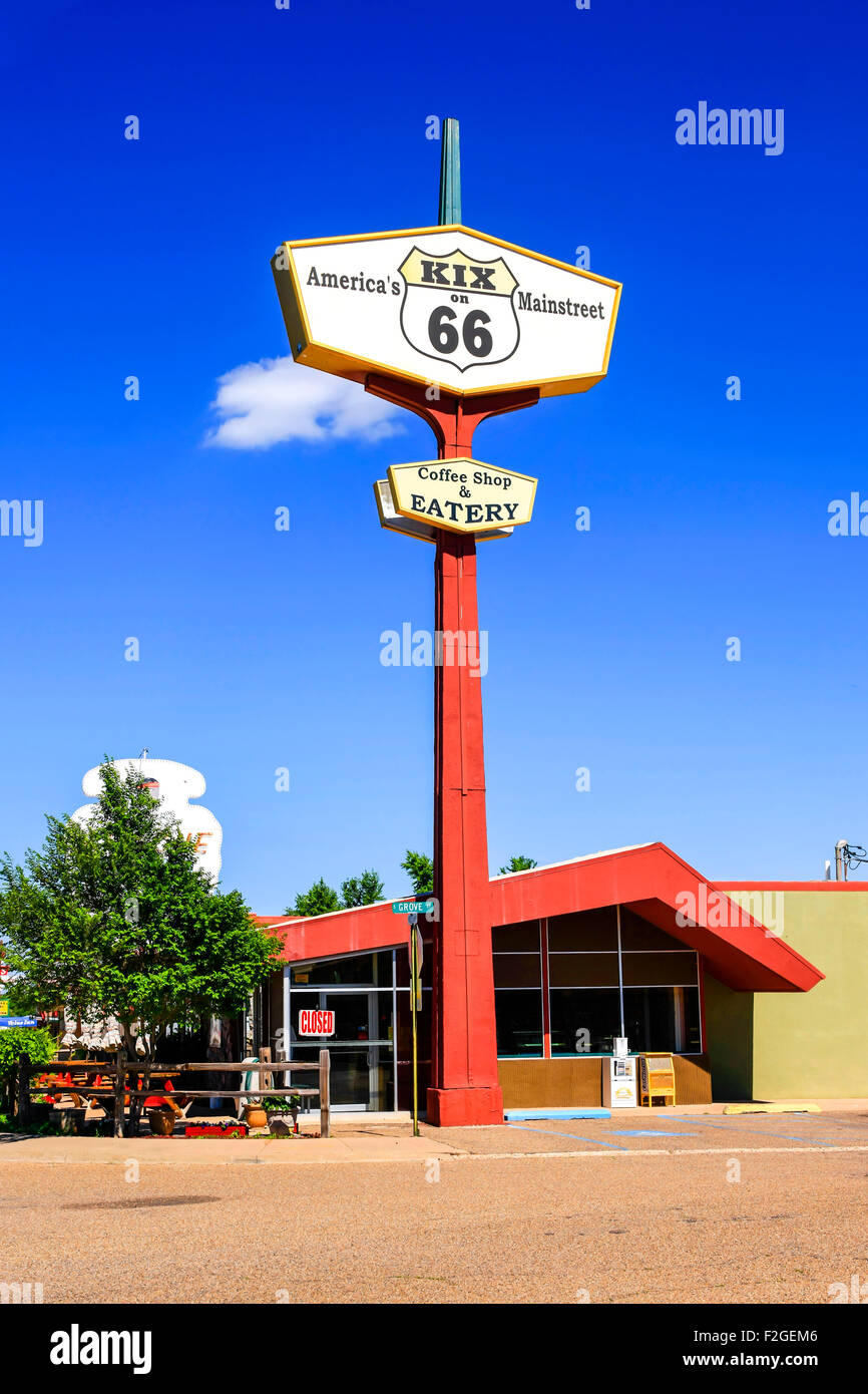 Amerikas Kix auf Overhead-Route 66 Coffee Shop und lokal anmelden Tucumcari, New Mexico Stockfoto