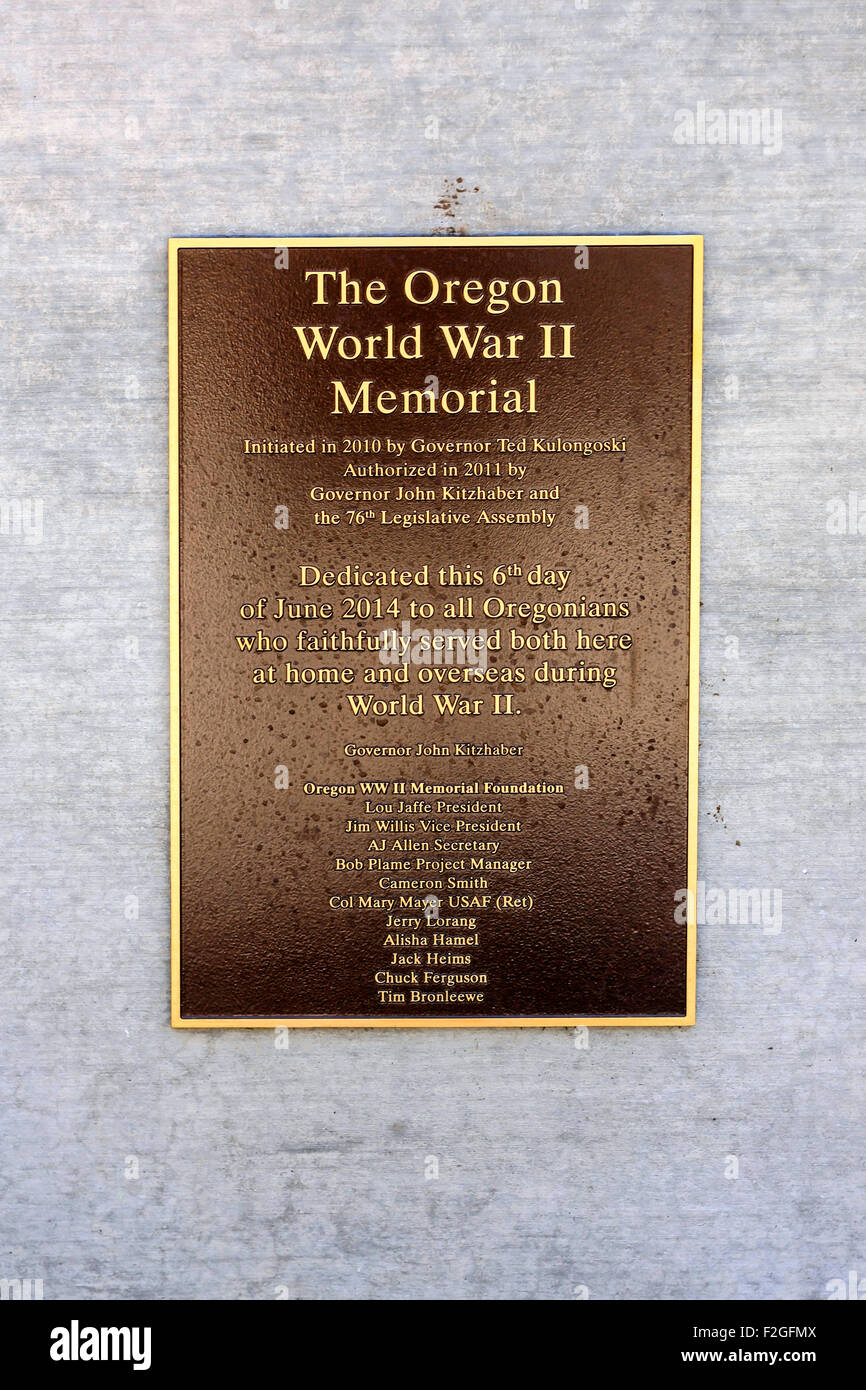 Der Oregon WWII Gedenktafel in Salem. Im Jahr 2014 engagierte, als einer der letzten Staaten zu den Veteranen des Krieges Ehre Stockfoto