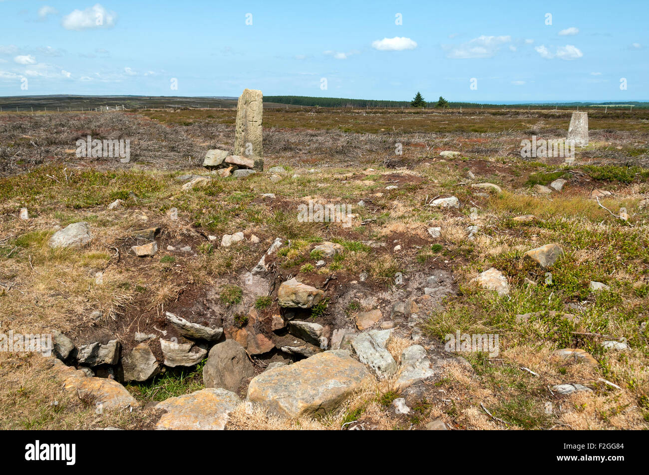 Louven Howe Barrow, Grenzstein und trigonometrischen Punkt Stoney Leas, Fylingdales Moor, North Yorkshire Moors, Yorkshire, England, UK Stockfoto