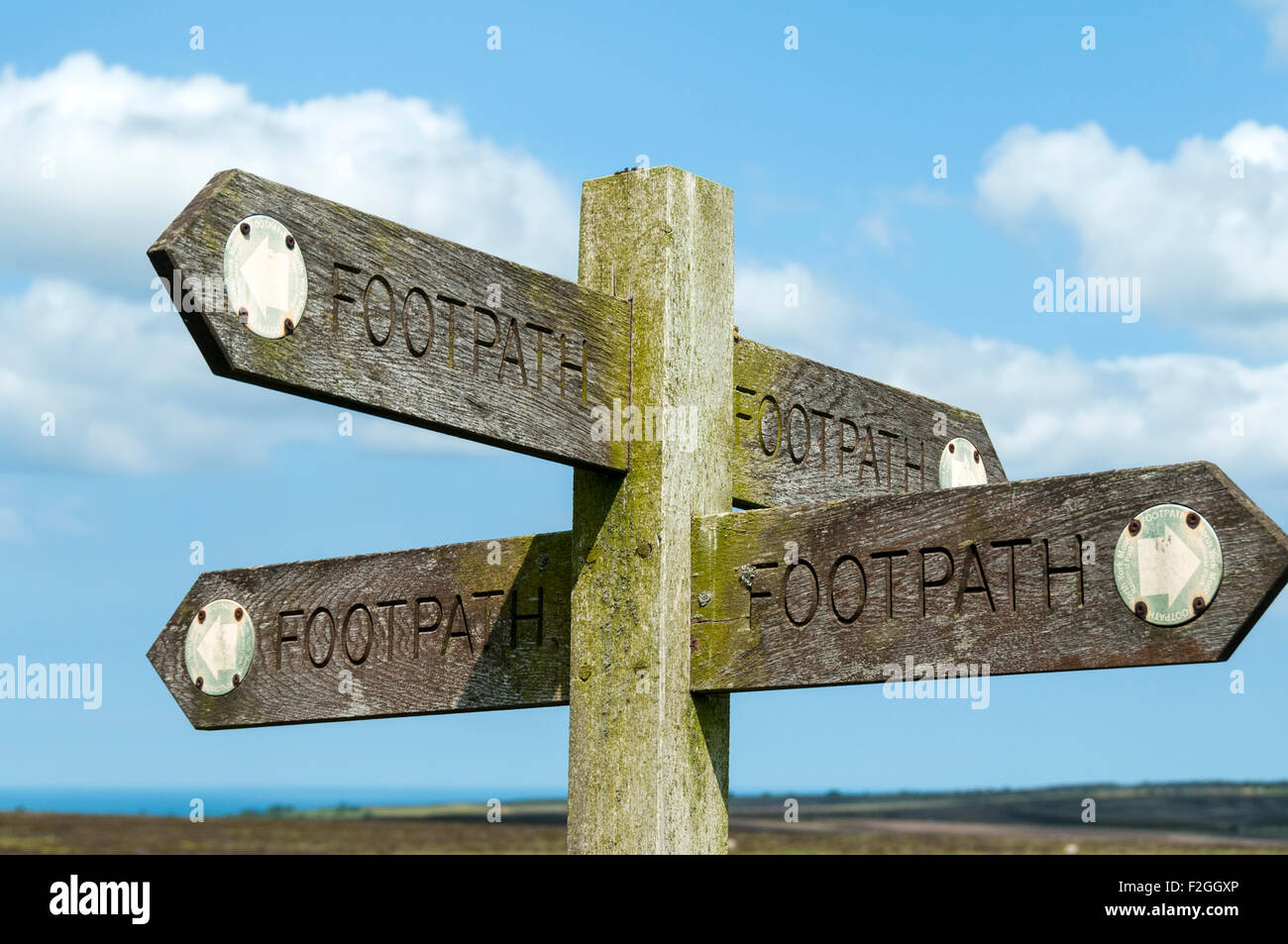 Melden Sie auf Robin Hoods Bay Road (Pfad), Raketenstarts Moor, North Yorkshire Moors, Yorkshire, England, UK Stockfoto