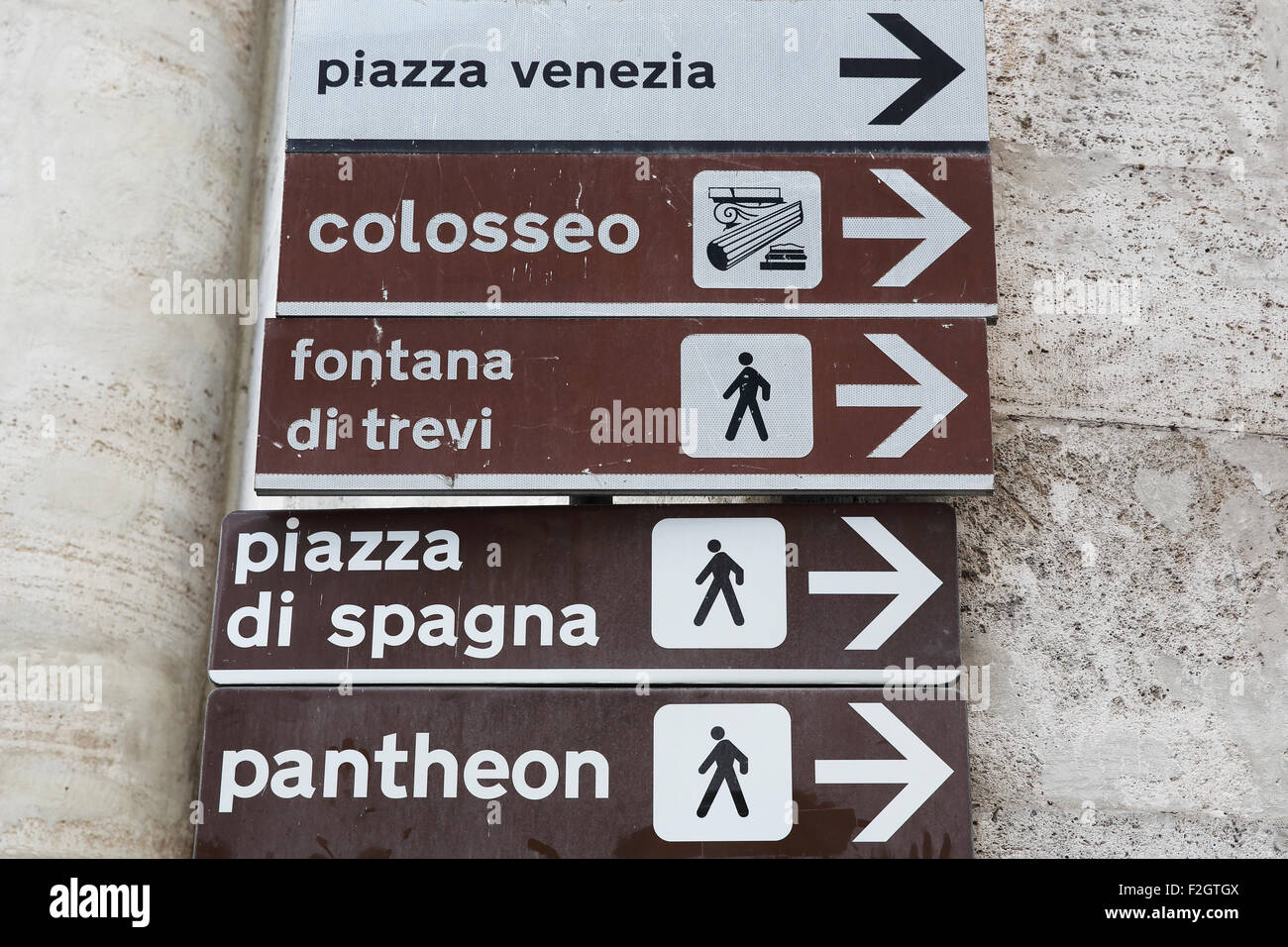 Schild mit Touristen die Richtung zu verschiedenen Sehenswürdigkeiten in Rom. Stockfoto