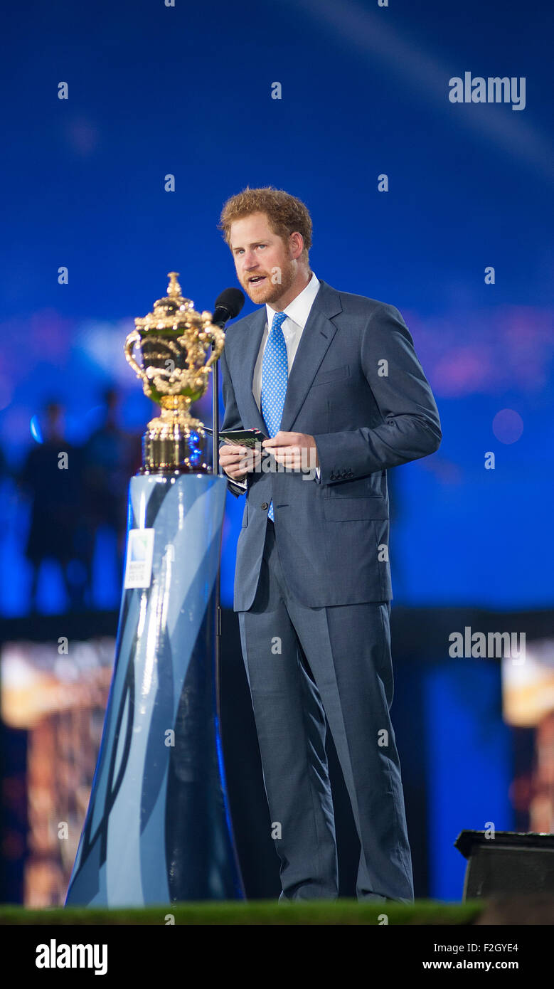 Twickenham Stadium, London, UK. 18. September 2015. Prinz Harry, Honorary President von England Rugby 2015 wird das Turnier offiziell eröffnet. Bildnachweis: Malcolm Park Leitartikel/Alamy Live-Nachrichten Stockfoto