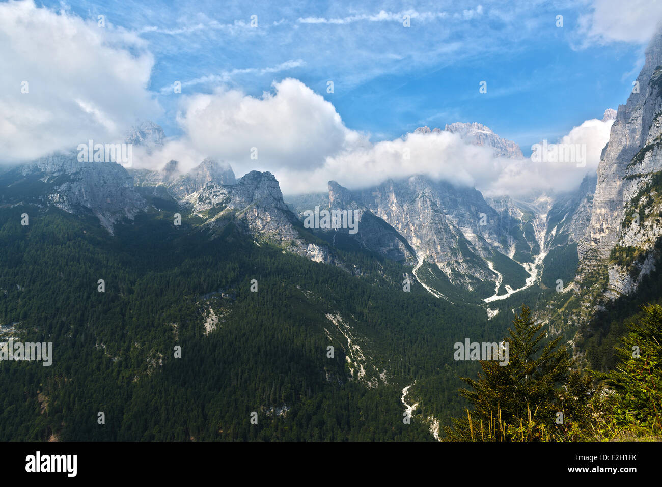 Landschaft auf die Dolomiti Brenta-Gruppe im bewölkten Sommermorgen, Trentino - Italien Stockfoto