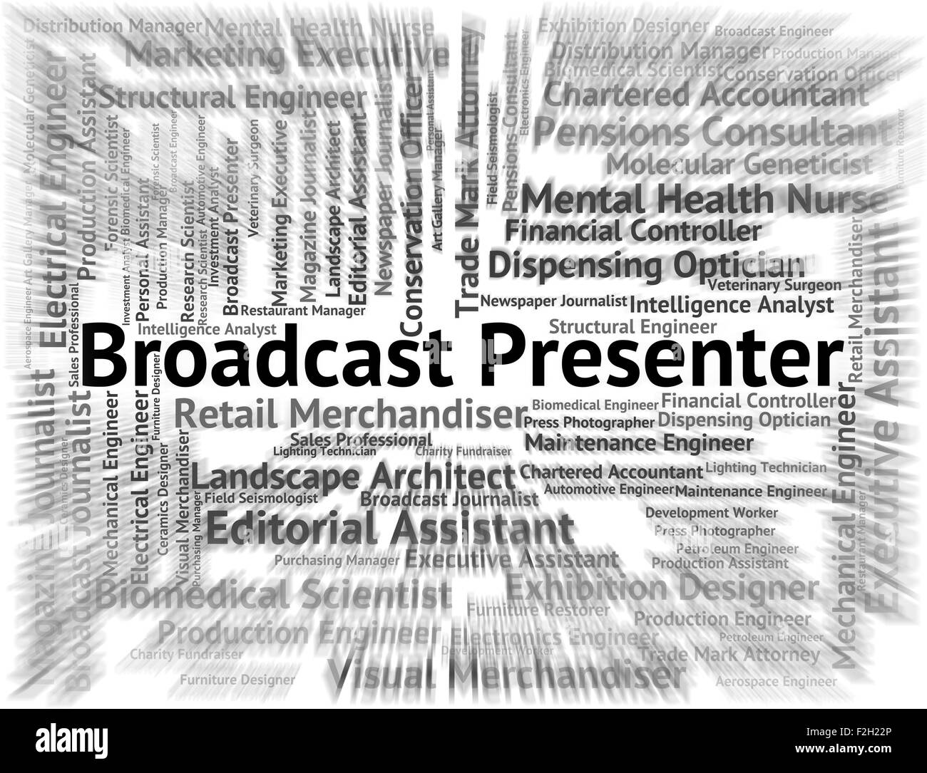 Broadcast-Moderatorin zeigt Word Wörter und Job Stockfoto