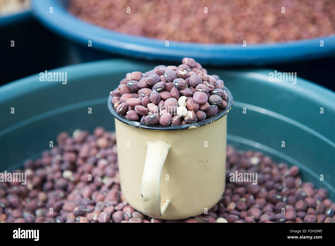 Getrocknete Bohnen in Tassen auf einem Markt in Botswana, Afrika Stockfoto