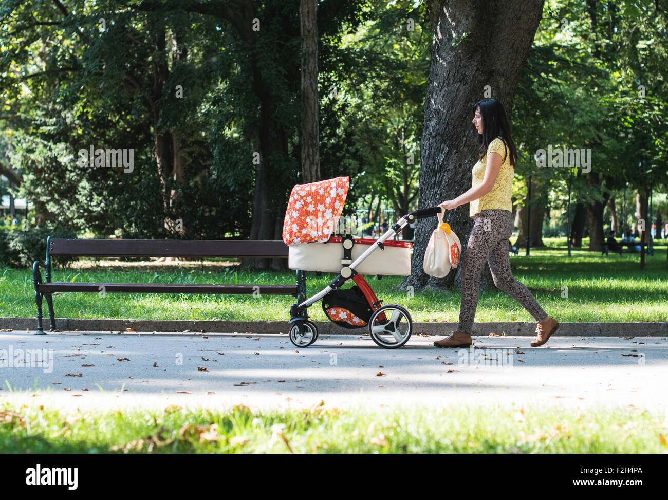 Mutter mit Kinderwagen im Park spazieren. Sonnigen Tag Stockfoto
