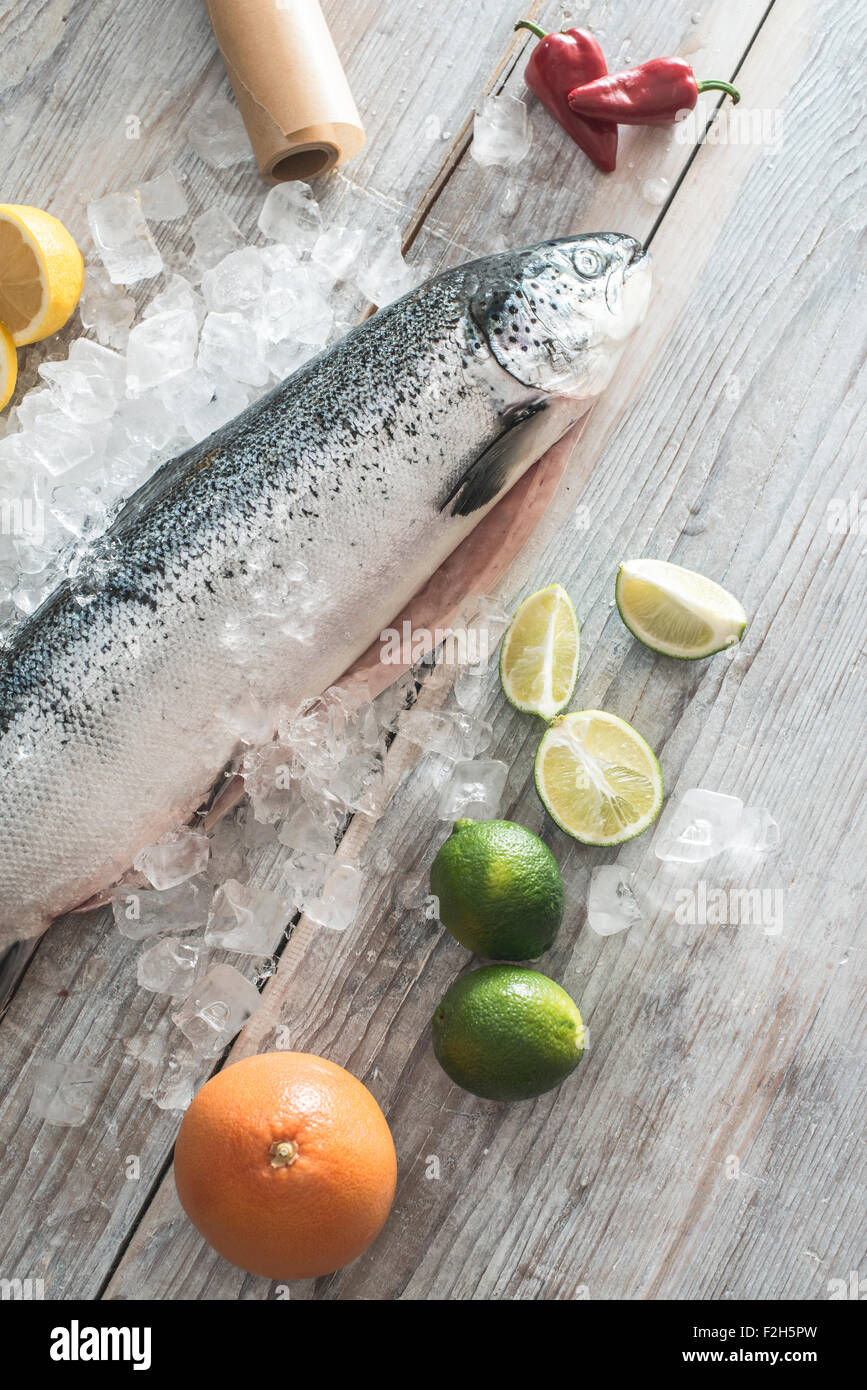 Roher Lachs Fisch in Eis und Gemüse auf weißen Tisch. Backpapier Stockfoto