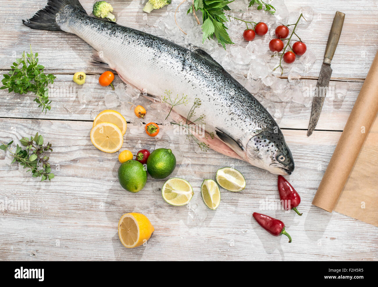 Roher Lachs Fisch in Eis und Gemüse auf weißen Tisch. Backpapier Stockfoto