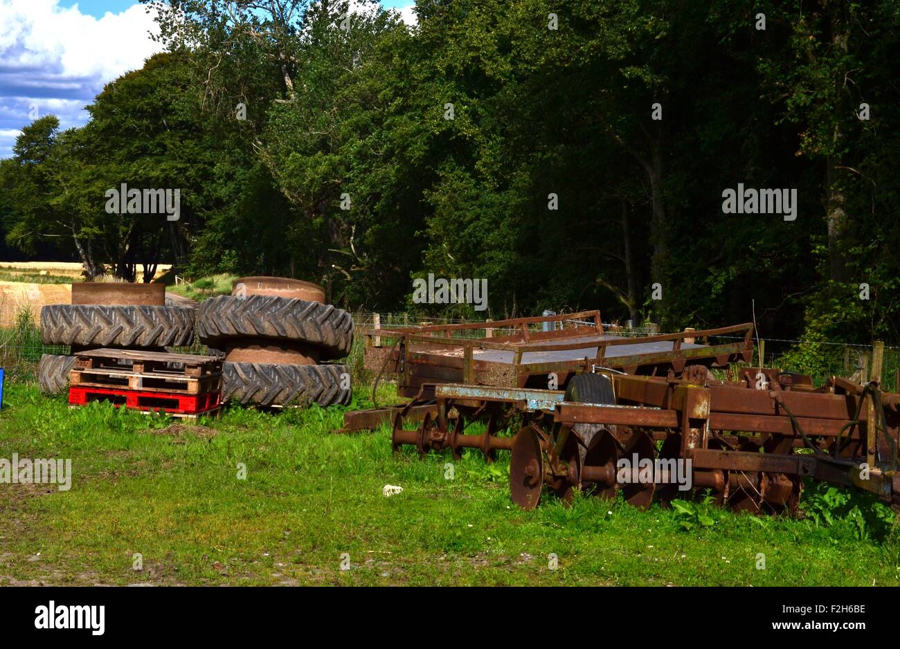 Alte Landmaschinen und Reifen Stockfoto