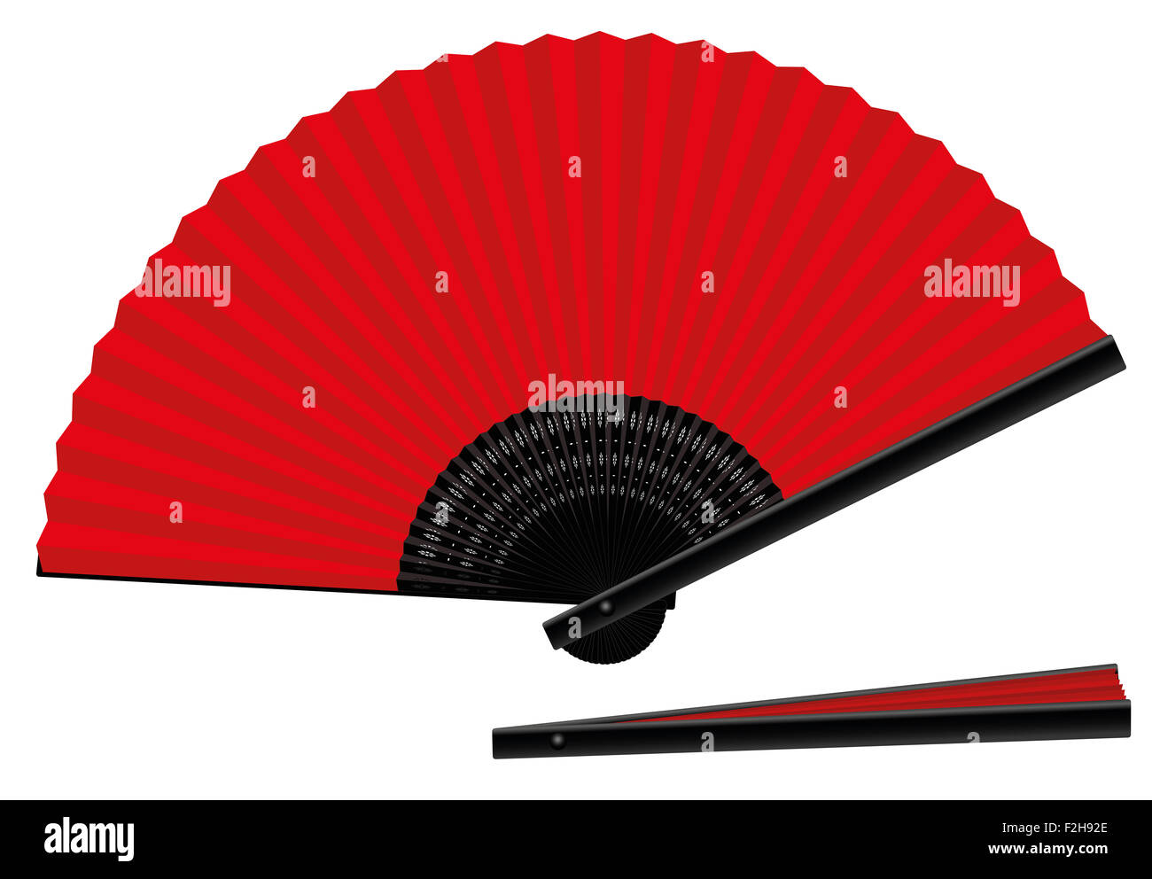 Hand Fan - Rot eine schwarz - offen und geschlossen - spanischen Stil - dreidimensionale - realistisch. Stockfoto