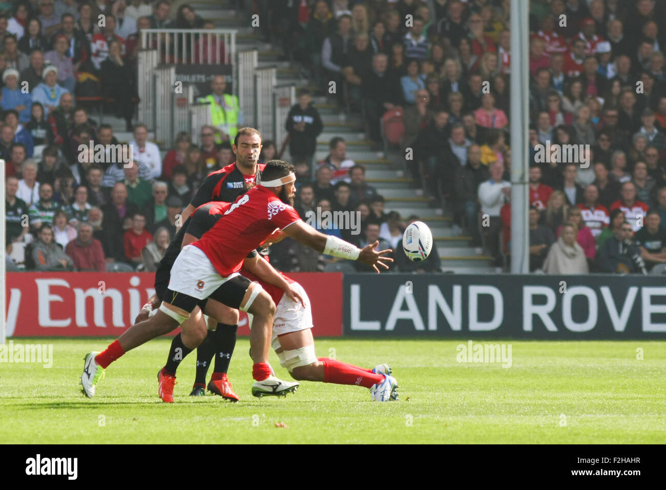 Rugby-Weltmeisterschaft 2015 - Tonga gegen Georgien haben ihr erste Spiel in der WM Spiel im Kingsholm Stadium Gloucester statt Stockfoto
