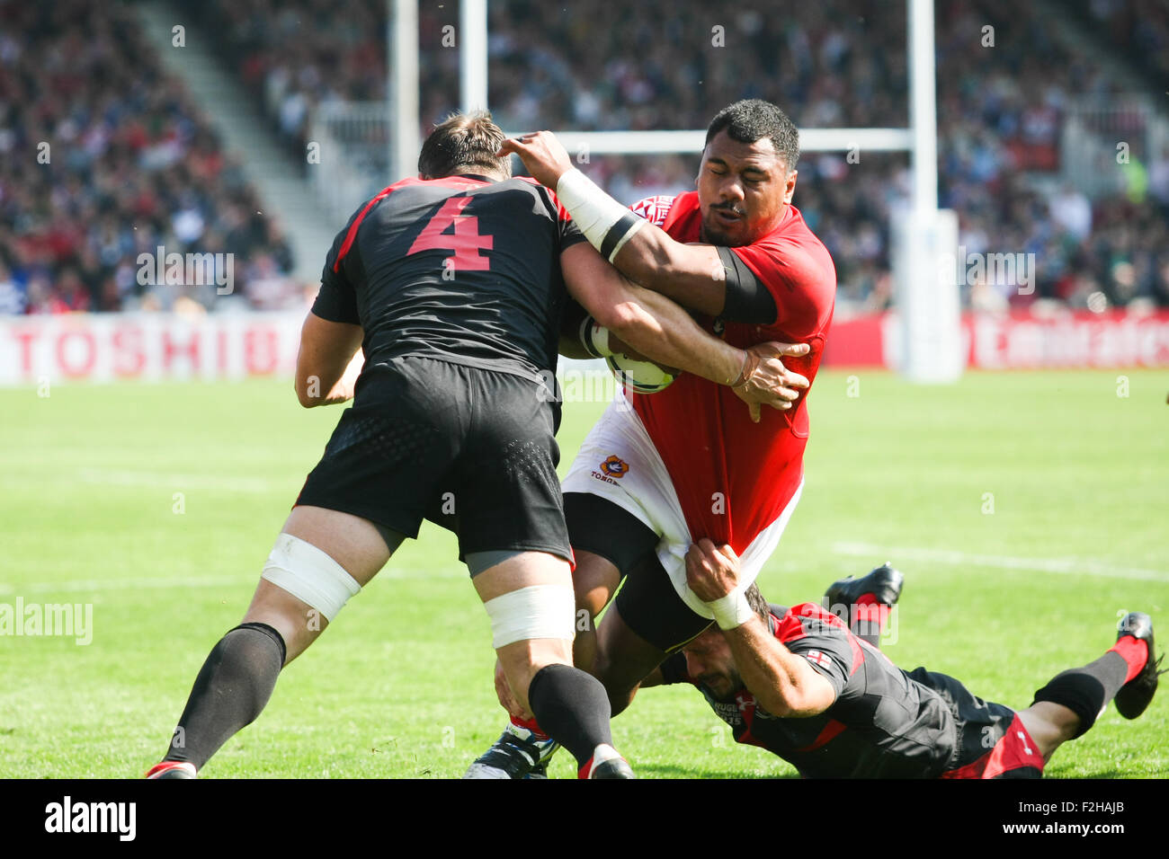 Rugby-Weltmeisterschaft 2015 - Tonga gegen Georgien haben ihr erste Spiel in der WM Spiel im Kingsholm Stadium Gloucester statt Stockfoto