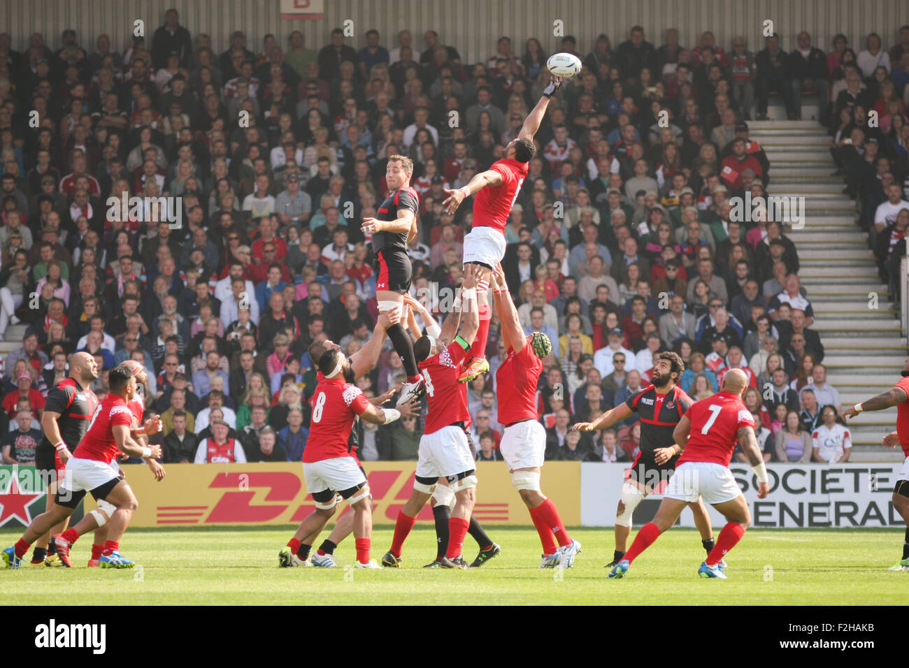 Rugby-Weltmeisterschaft 2015 - Tonga gegen Georgien haben ihr erste Spiel in der WM Spiel im Kingsholm Stadium Gloucester statt Stockfoto