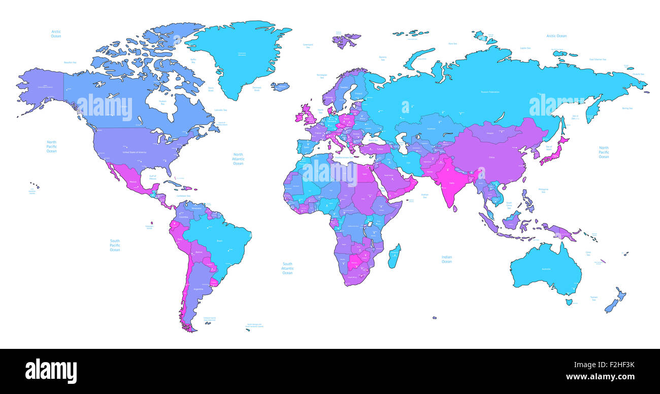 Detaillierte Weltkarte der Farben blau, rosa, violett. Stockfoto