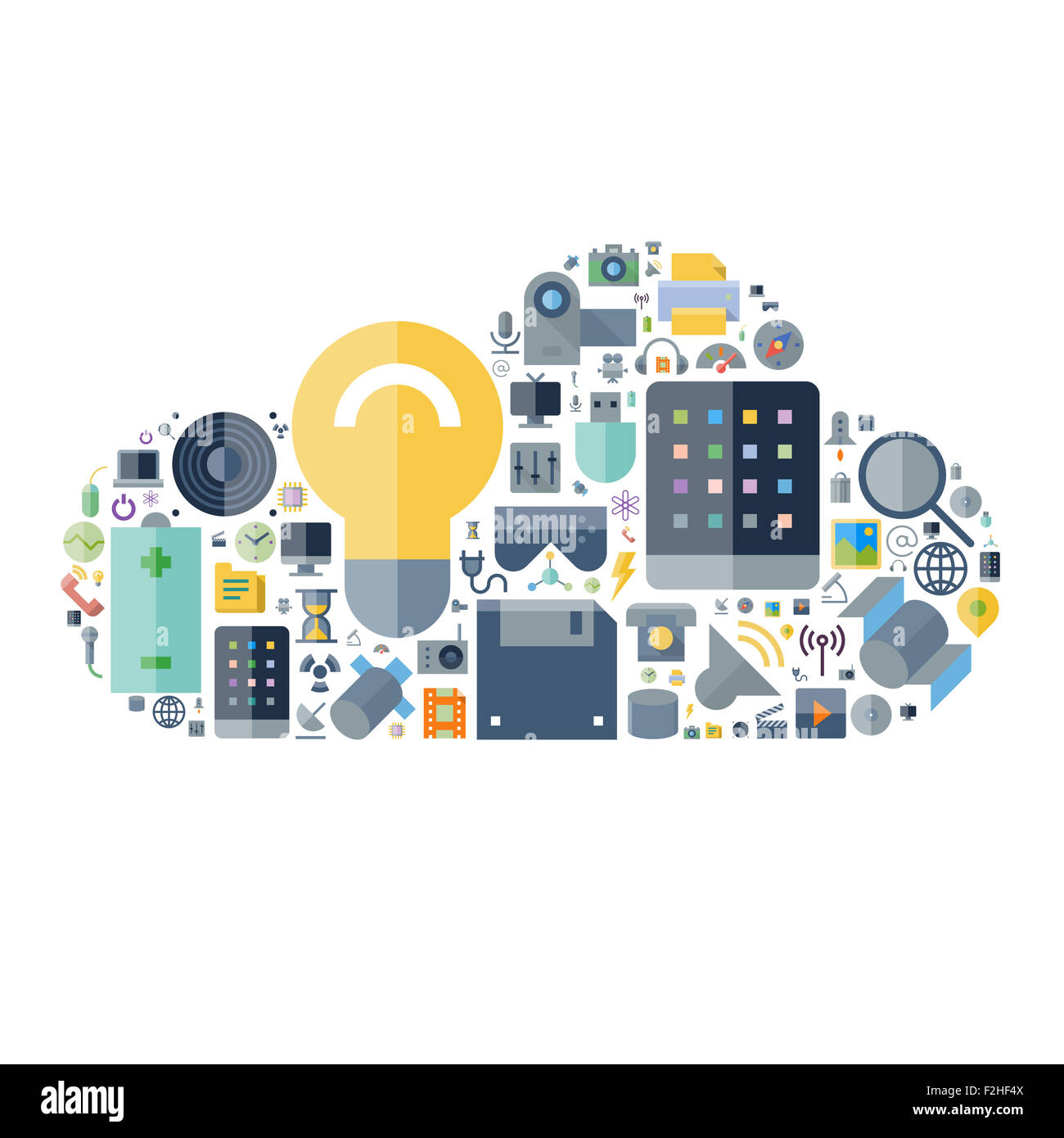 Symbole für Technologie und elektronischen Geräten in Cloud-Form angeordnet. Stockfoto