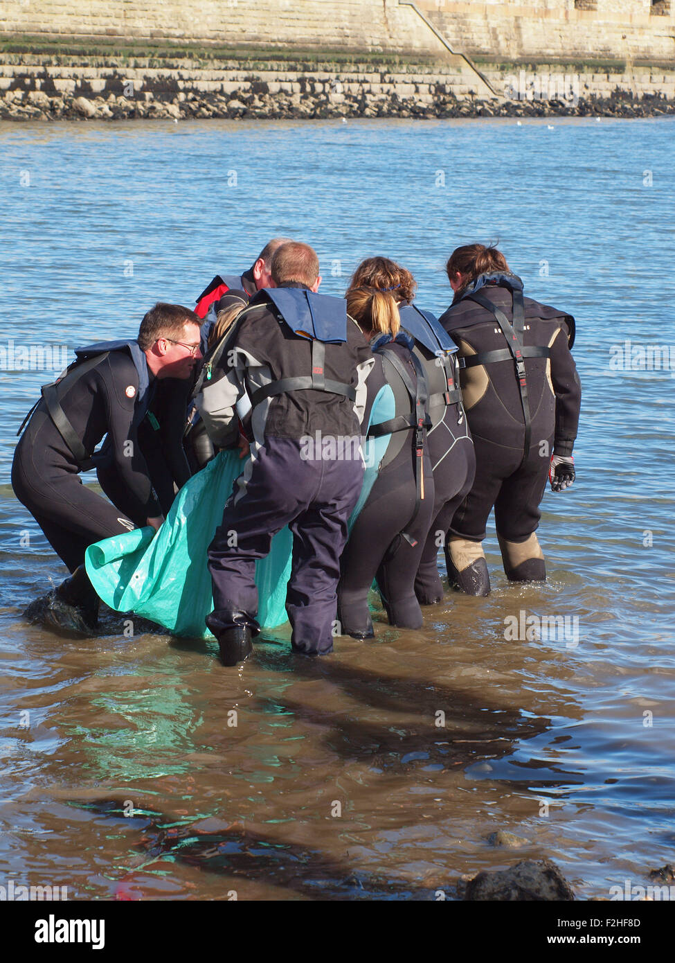 Die marinen Lebens Rettung Nächstenliebe (B.D.M.L.R) Training Freiwilligen Nachahmung Meeressäuger St Tynemouth Haven zu retten. Stockfoto