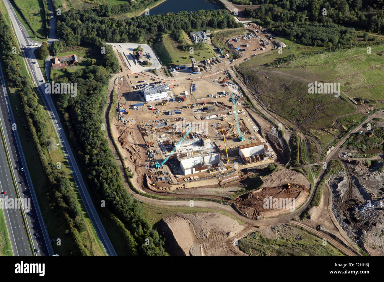 Luftaufnahme des Allerton Energy-from-Waste EfW Parkanlage in der Nähe von Knaresborough im Bau, UK Stockfoto
