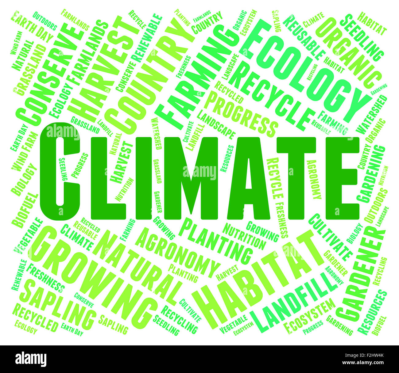 Klima-Wort mit meteorologischen Bedingungen und Text Stockfoto