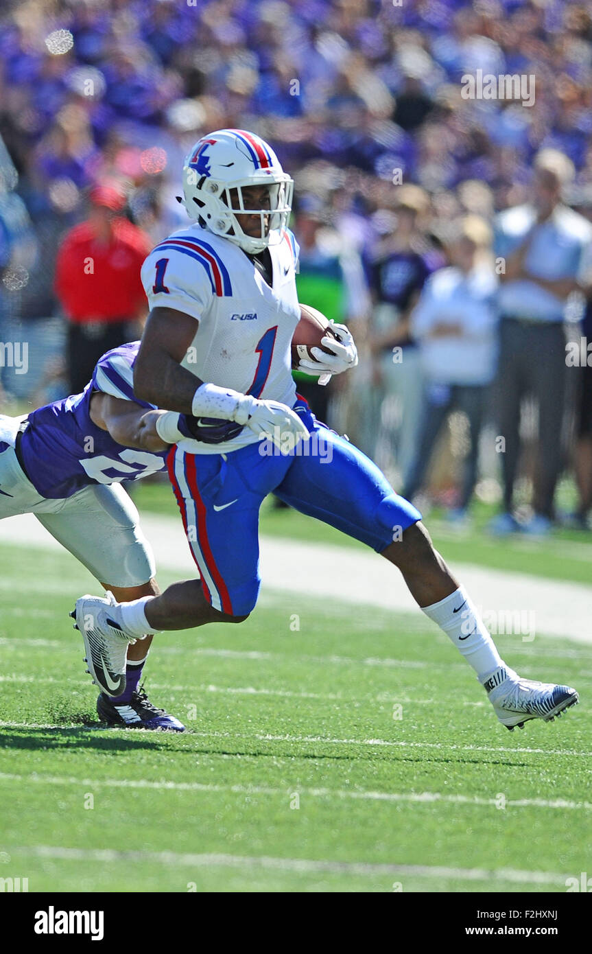 Manhattan, Kansas, USA. 19. Sep, 2015. Louisiana Tech Bulldogs Wide Receiver Carlos Henderson (1) hatte 2 Empfänge für 32 Yards im Spiel bei der Niederlage gegen K-Staat 39-30 dreifach OT während der NCAA Football-Spiel zwischen Louisiana Tech und Kansas State Bill Snyder Familie Stadion in Manhattan, Kansas. Kendall Shaw/CSM/Alamy Live-Nachrichten Stockfoto