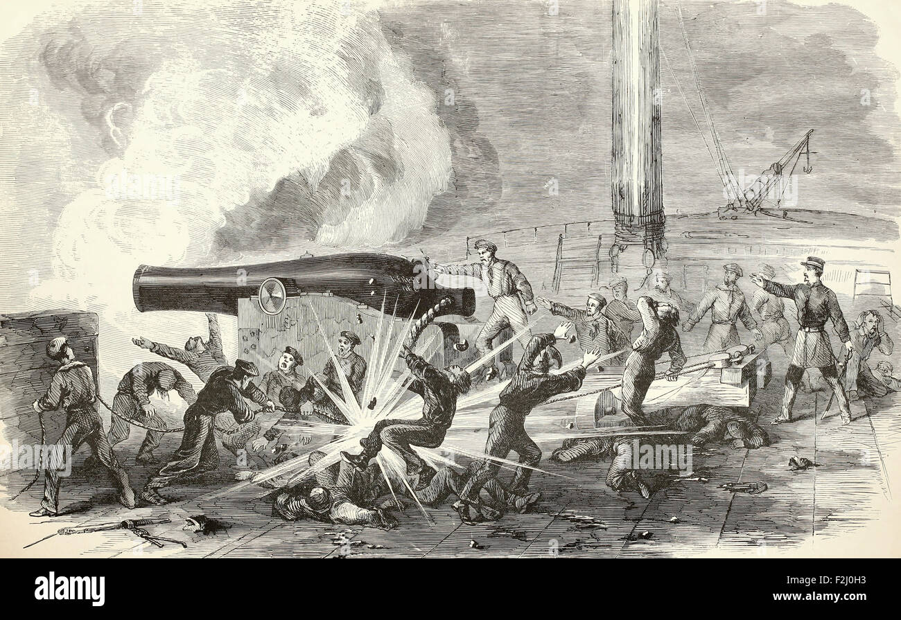 Furchtbare Wirkung einer Entladung der Traube von Fort Jackson auf die Bundesrepublik Kanonenboot "Irokesen" Kapitän De Camp. 24. April 1862, die acht getötet und verwundet sieben Seeleute aus einem Dahlgren Kanoniere von 25 Männern, unter Leutnant McNair, USA Bürgerkrieg Stockfoto
