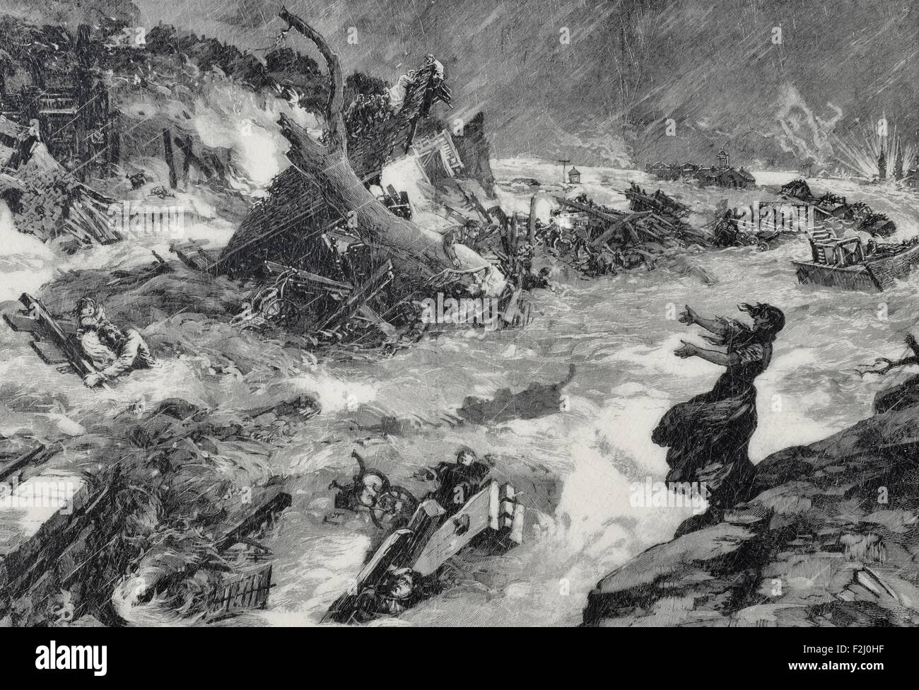 Das Durchbrechen der South-Fork-Talsperre, startete eine tödliche Flutwelle 30-60 Fuß hoch hinunter ins Tal des Little Conemaugh River nach Johnstown. Die Welle der 14 Meilen gereist in 45 Minuten.  31. Mai 1889. Stockfoto