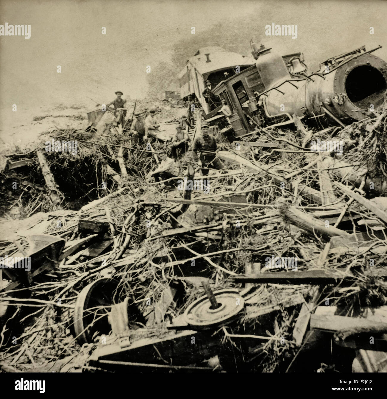 22 Menschen starben, als die Flut dieser Zug in East Conemaugh während der Johnstown Flut, 1889 zerstört Stockfoto