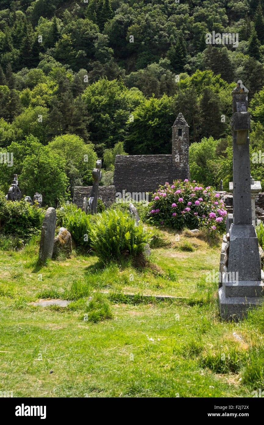 St. Kevins Kirche in Glendalough klösterlichen Stadt, Grafschaft Wicklow, Irland. Stockfoto