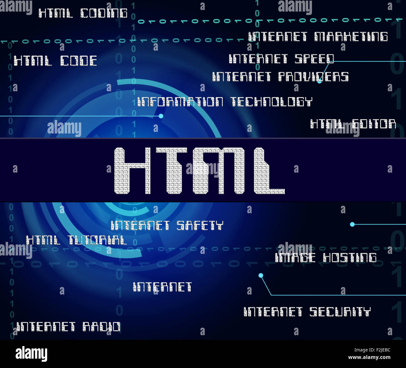 HTML-Code Wort Hypertext Markup Language und Code anzeigen Stockfoto
