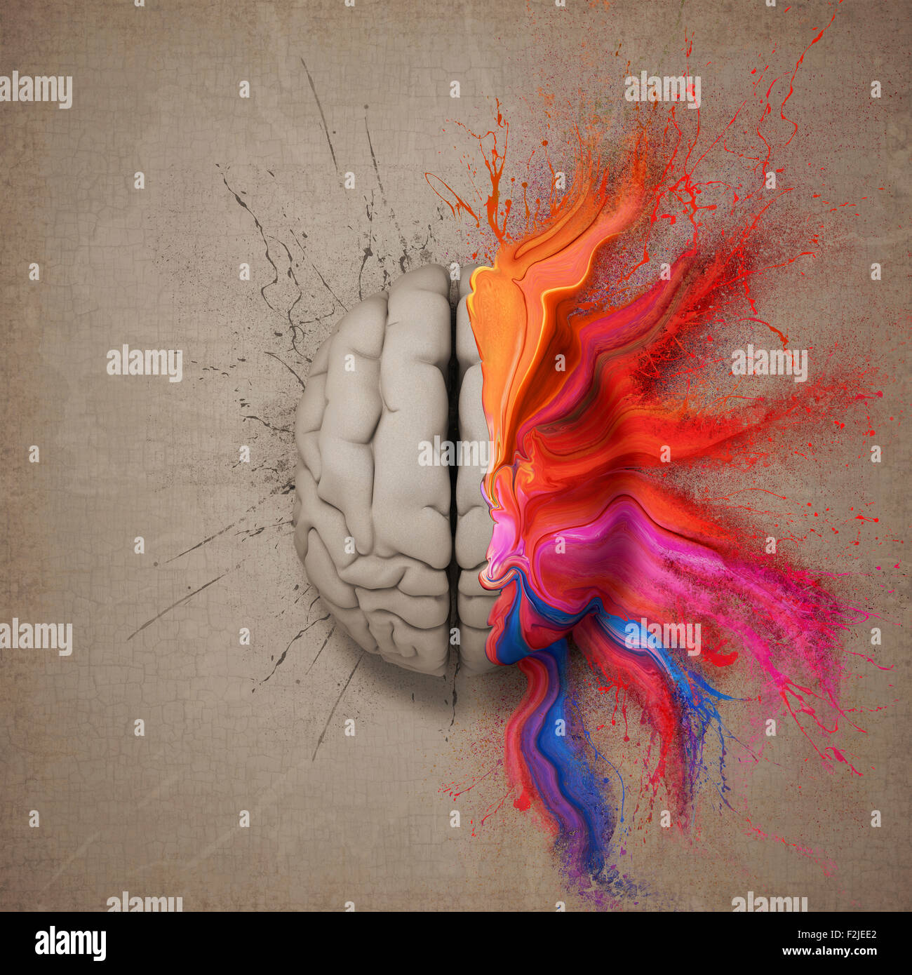 Kreativer Kopf oder Gehirn illustriert mit bunten Farbspritzer und Dispersion. Konzeptionelle Computer Artwork. Stockfoto