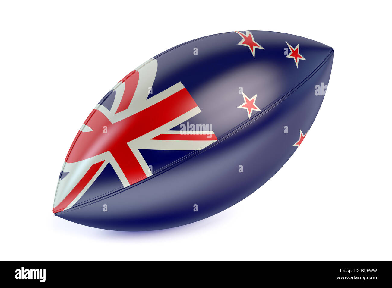 Rugby-Ball mit Flagge von Neuseeland isoliert auf weißem Hintergrund Stockfoto