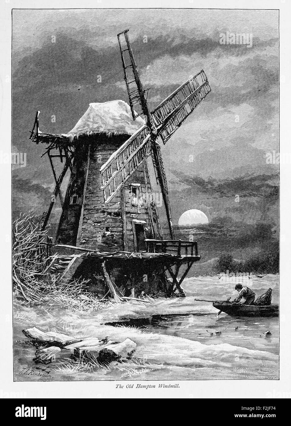 The Old Hampton Windmill, Bauernlandschaft mit einer alten Bootslandschaft in der themse, Großbritannien Stockfoto